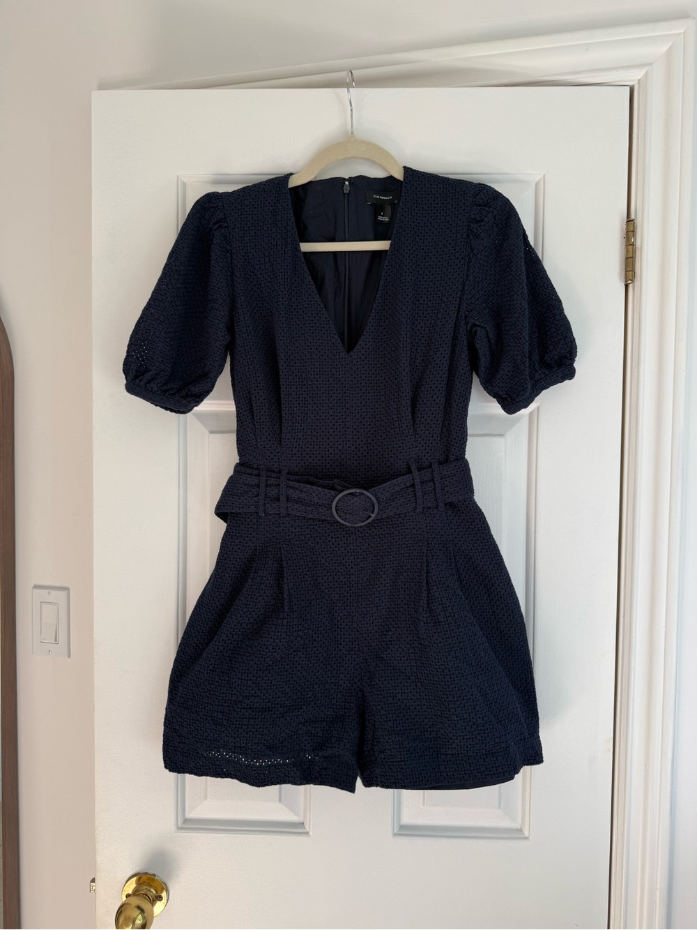 Club Monaco Navy Textured Short-Sleeve Belted Romper